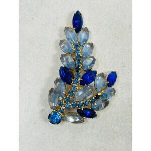 VTG Brooch Shades of Blue Leaf Feather Gold Tone 3" Unsigned Beauty Estate